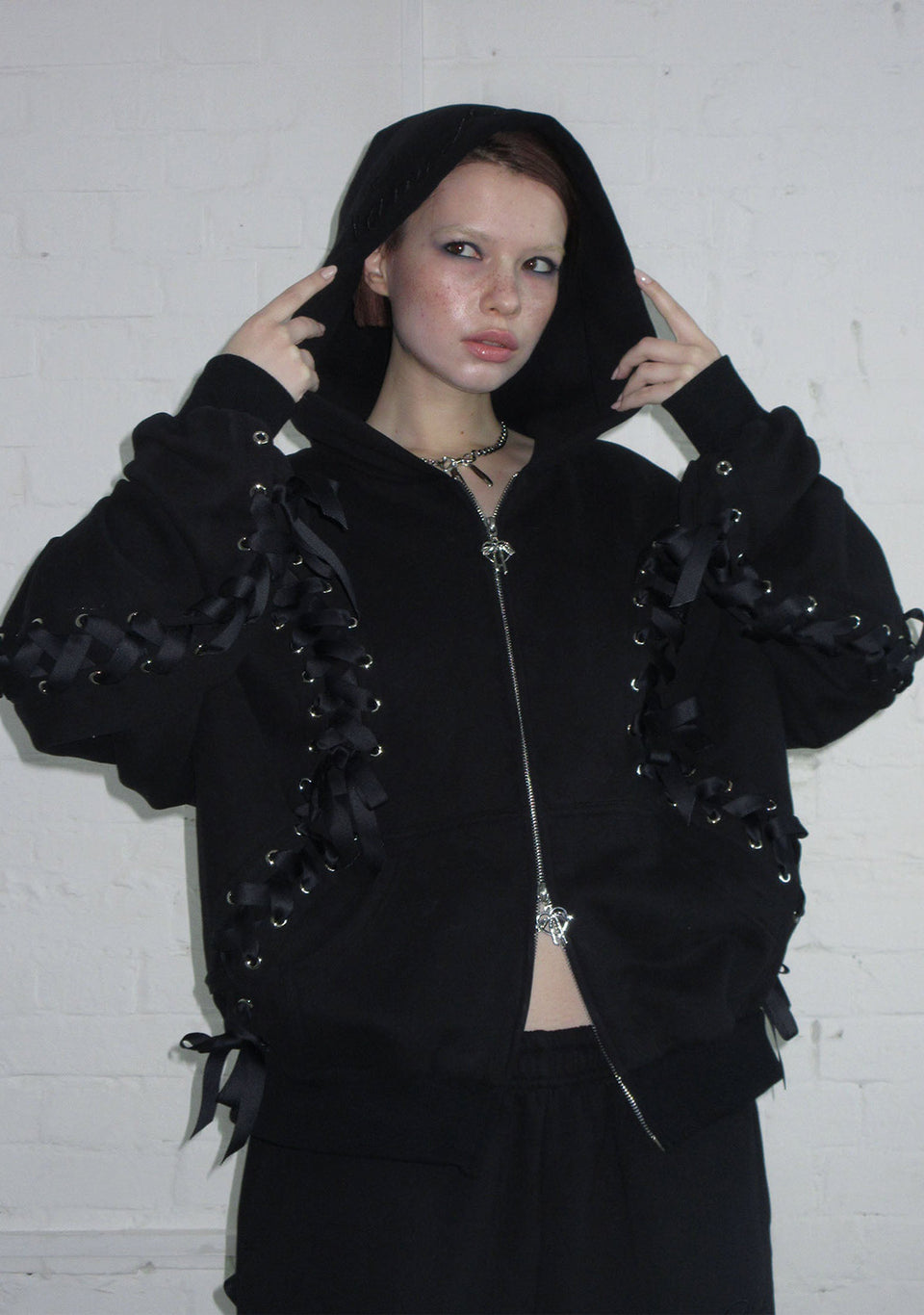 GHOST LACE UP CORSET ZIP HOODIE BLACK