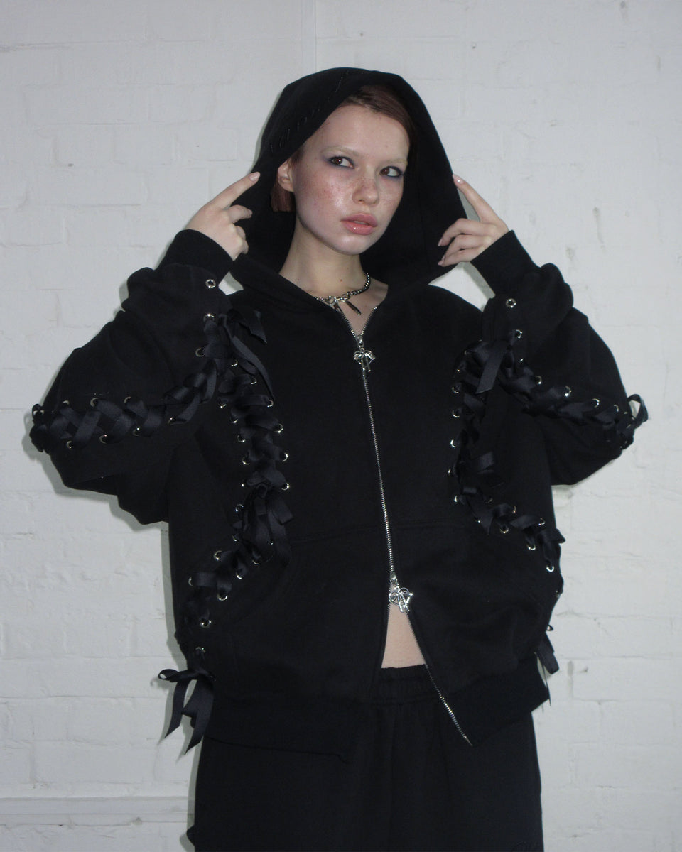 GHOST LACE CORSET ZIP HOODIE BLACK