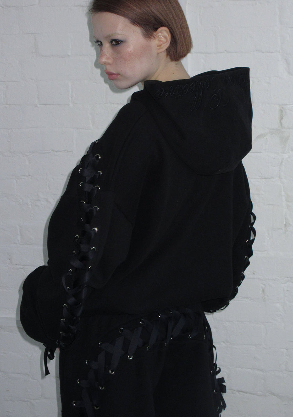 GHOST LACE UP CORSET ZIP HOODIE BLACK