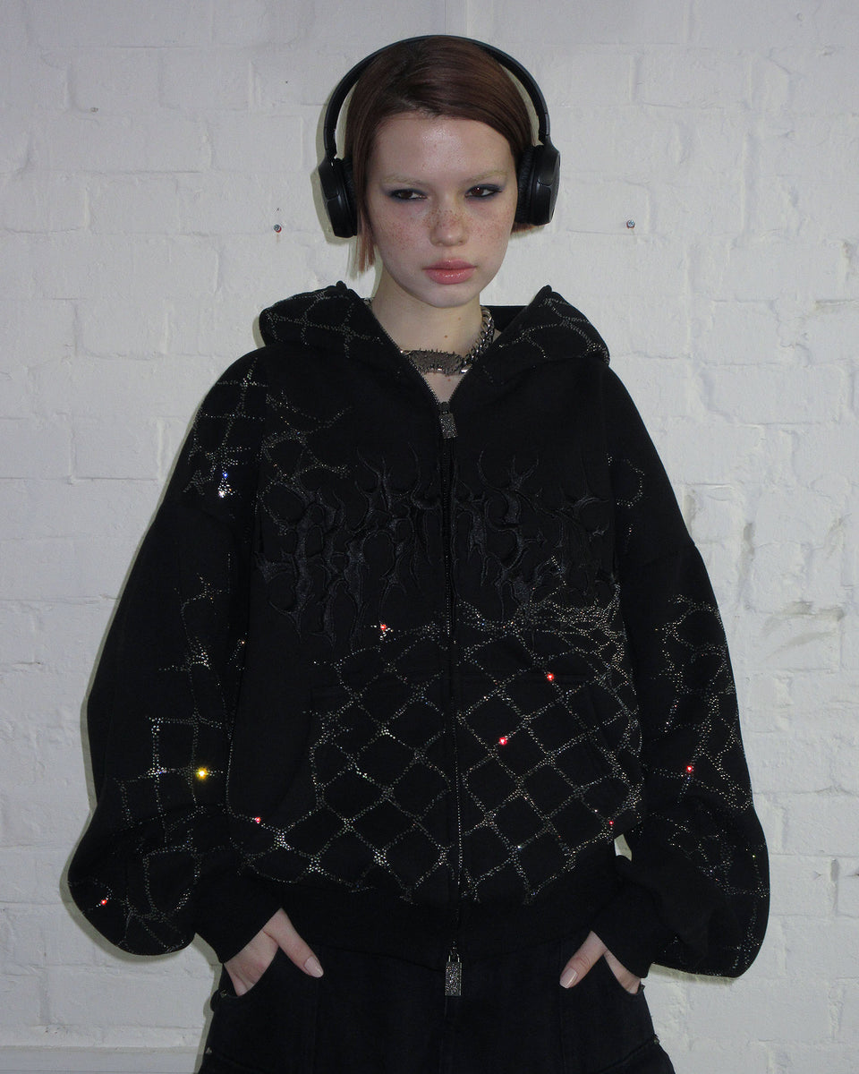 GHOST RHINESTONE ZIP HOODIE BLACK