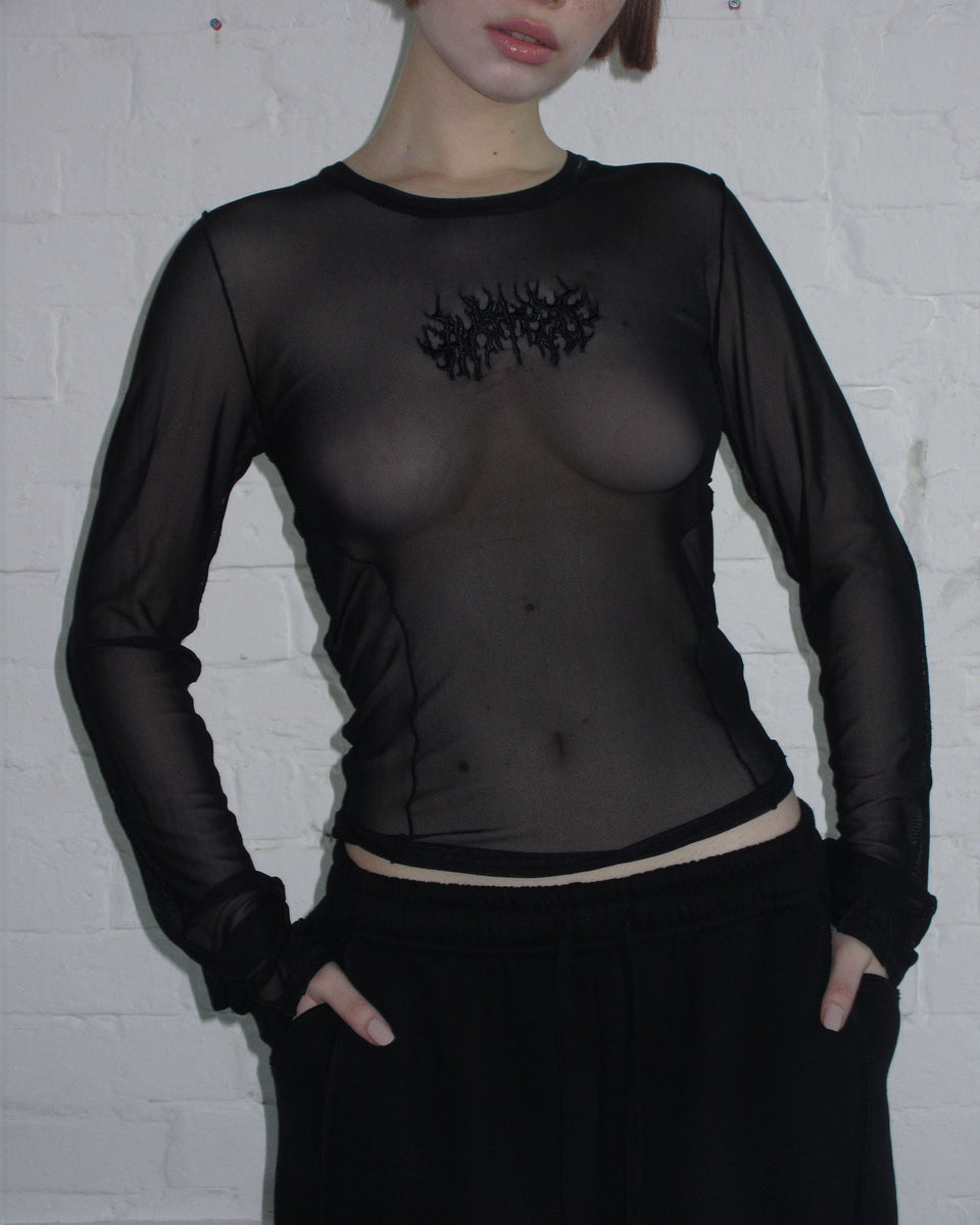 GHOST SHEER MESH LONG SLEEVE TOP BLACK