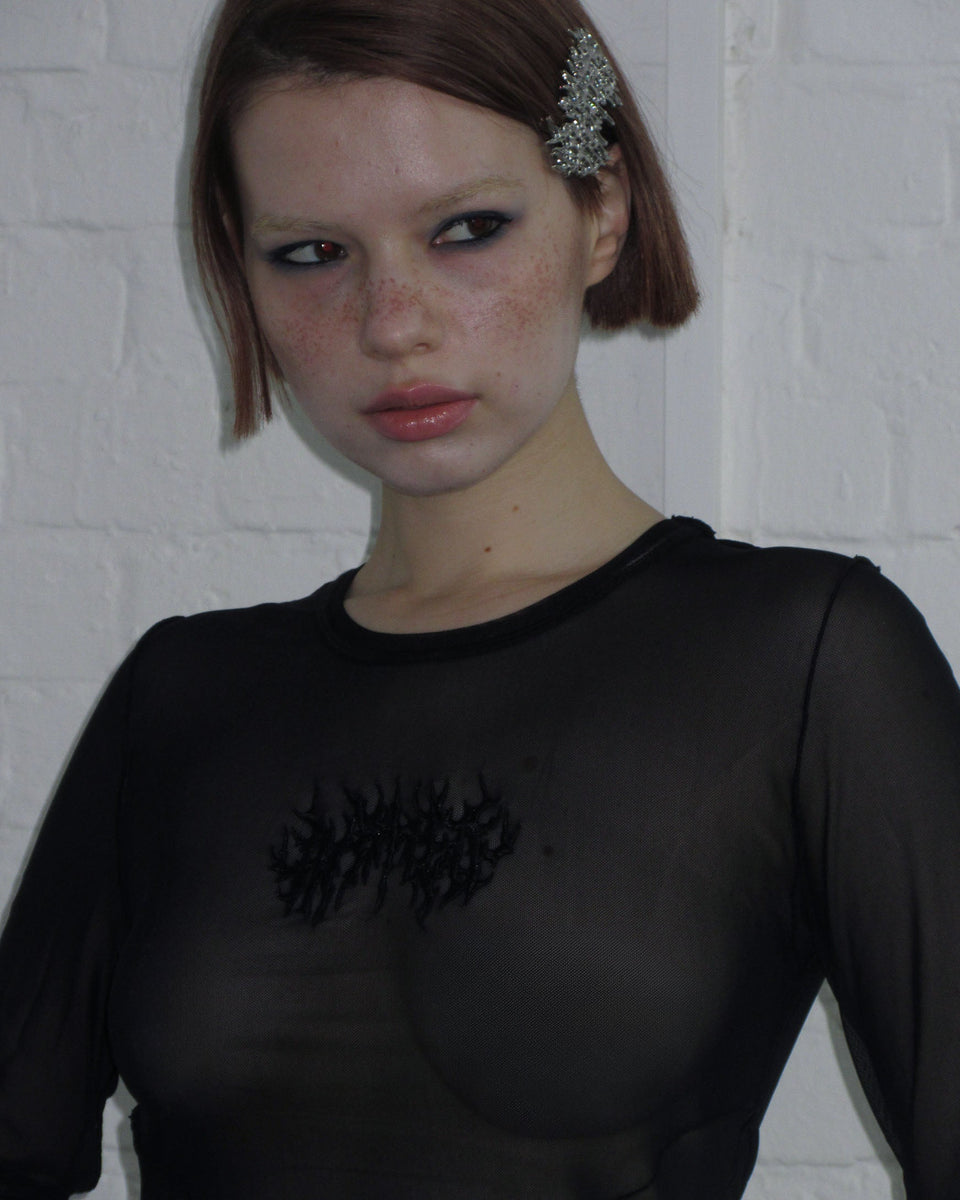 GHOST SHEER MESH LONG SLEEVE TOP BLACK