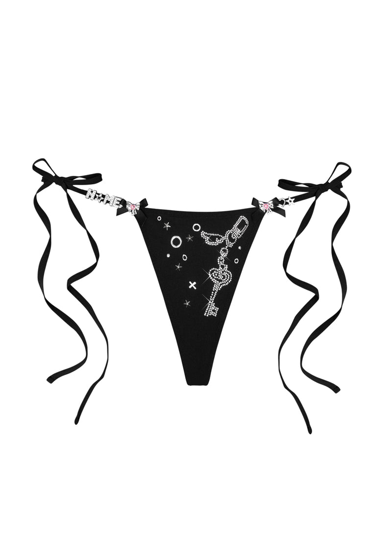 GLITCH EYELET THONG BIKINI BOTTOMS BLACK