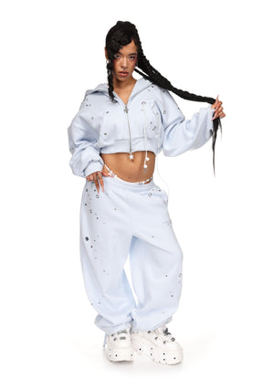 GLITCH EYELET CROP ZIP HOODIE BABY BLUE