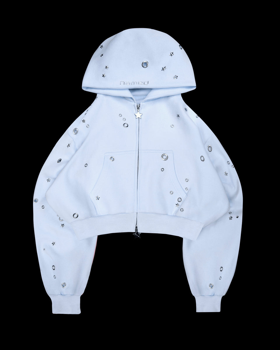 GLITCH EYELET CROP ZIP HOODIE BABY BLUE