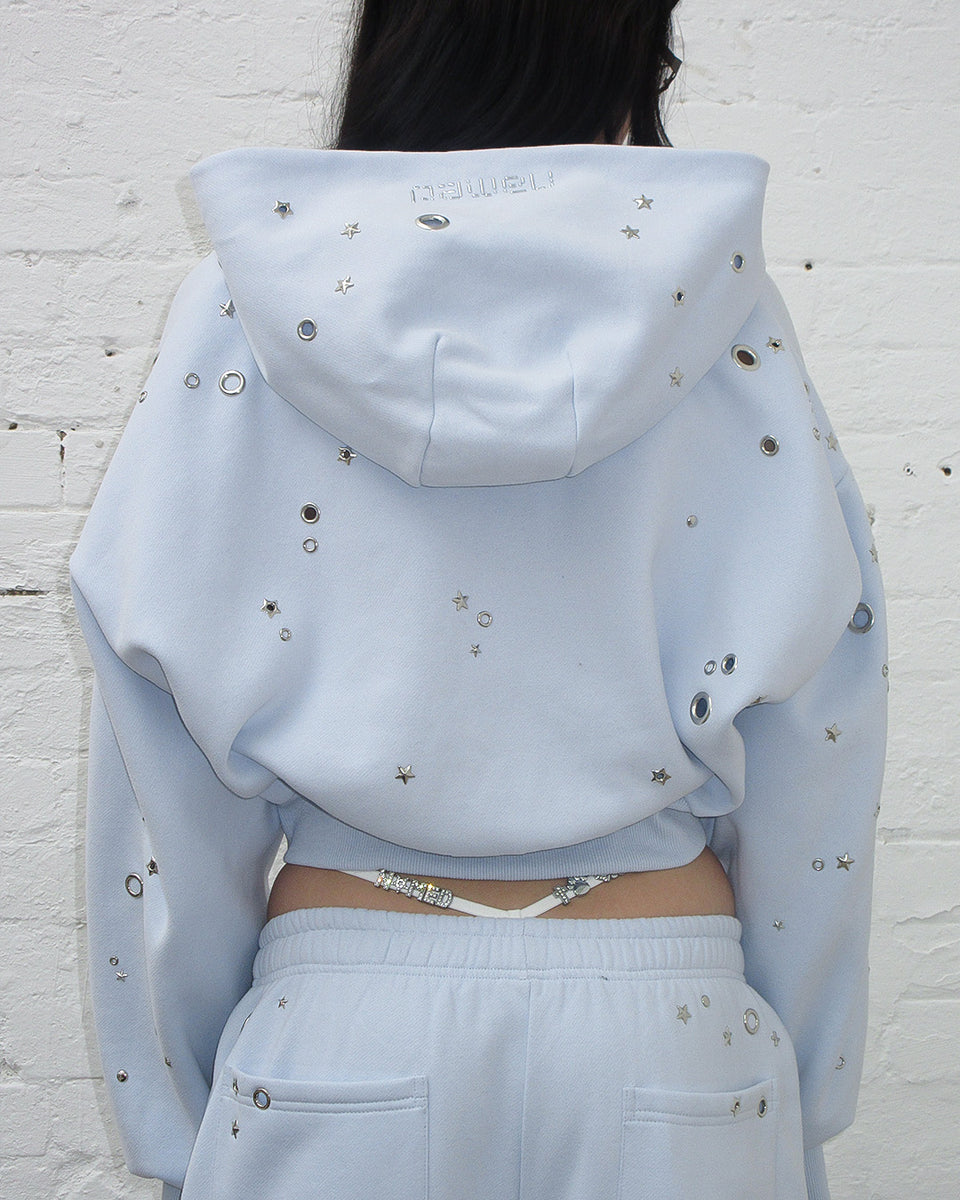 GLITCH EYELET CROP ZIP HOODIE BABY BLUE