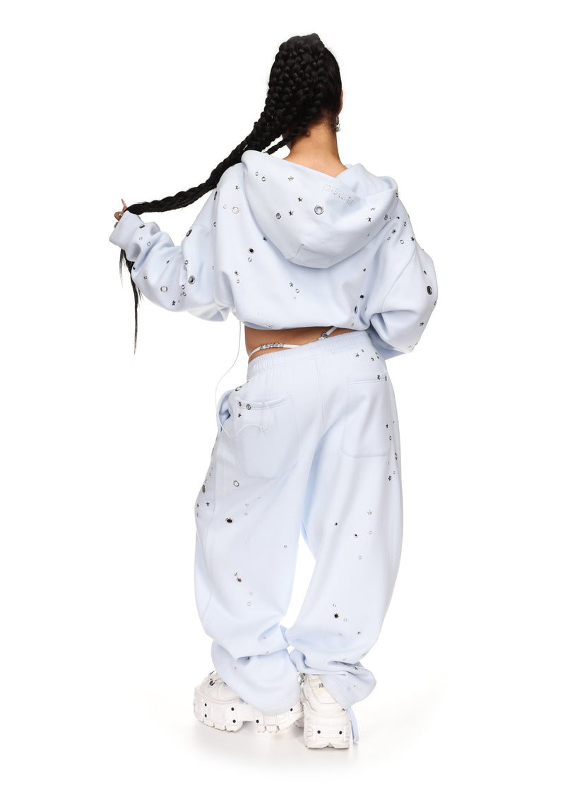 GLITCH EYELET CROP ZIP HOODIE BABY BLUE
