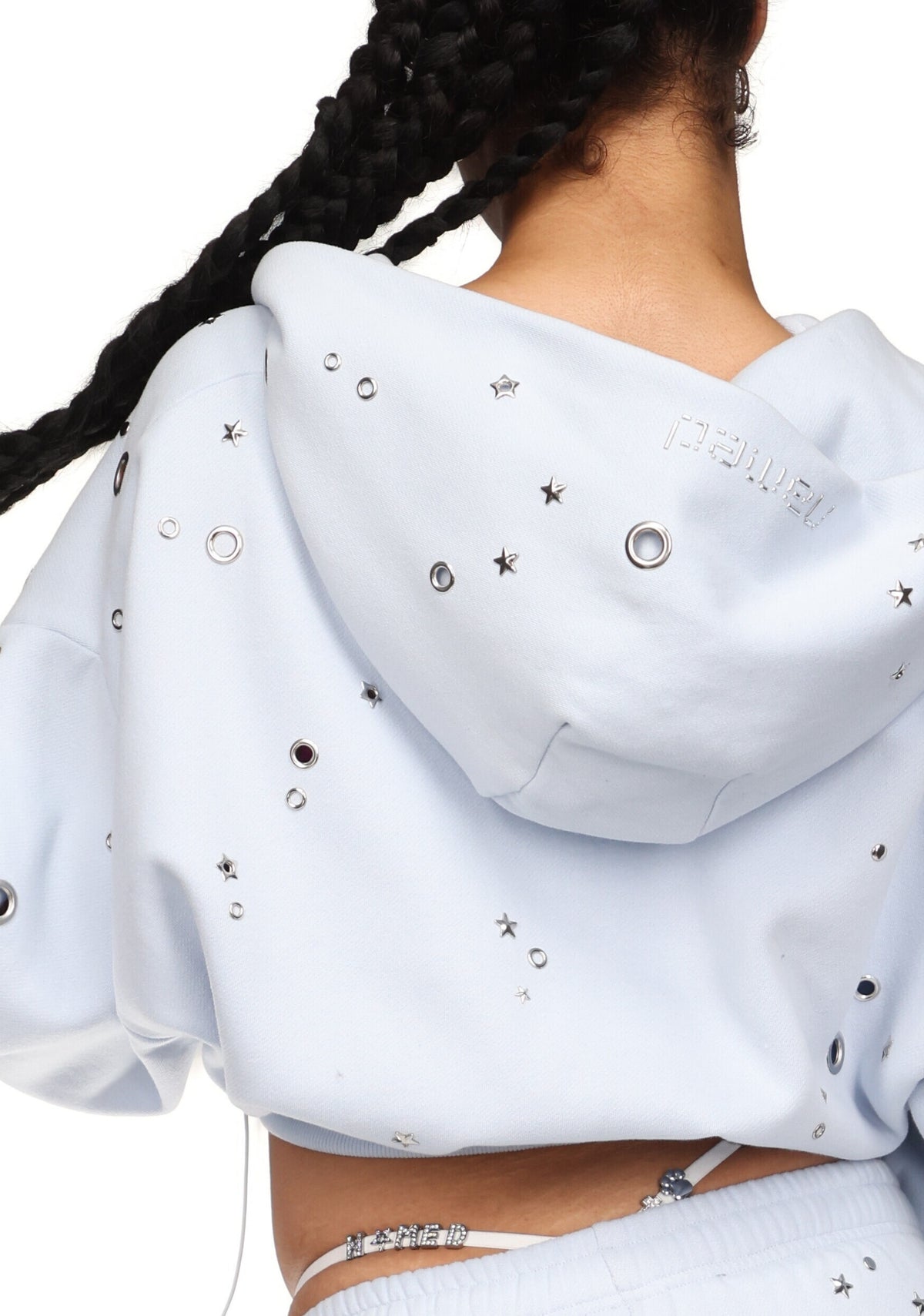 GLITCH EYELET CROP ZIP HOODIE BABY BLUE