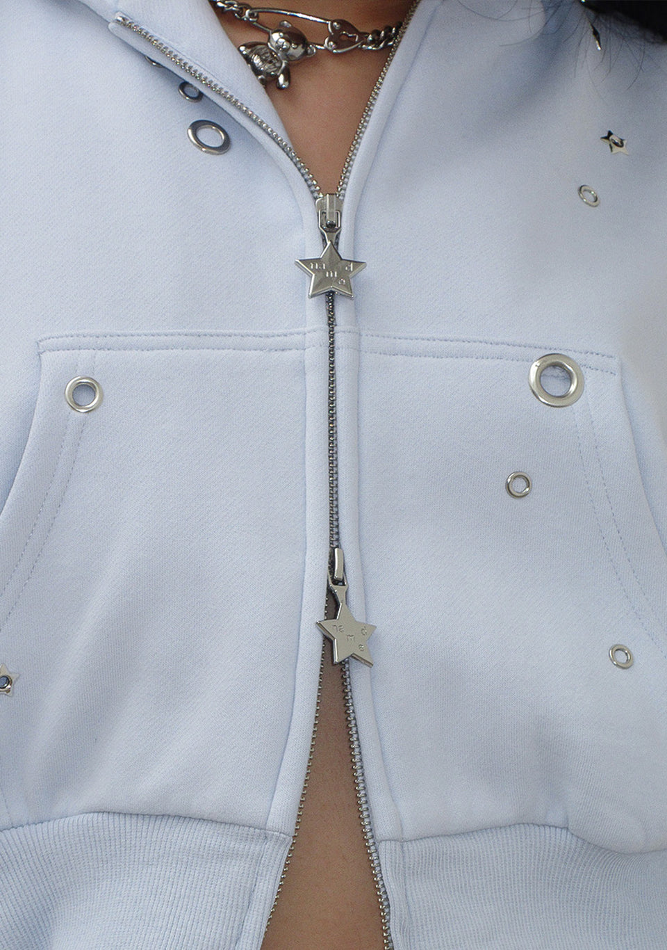 GLITCH EYELET CROP ZIP HOODIE BABY BLUE