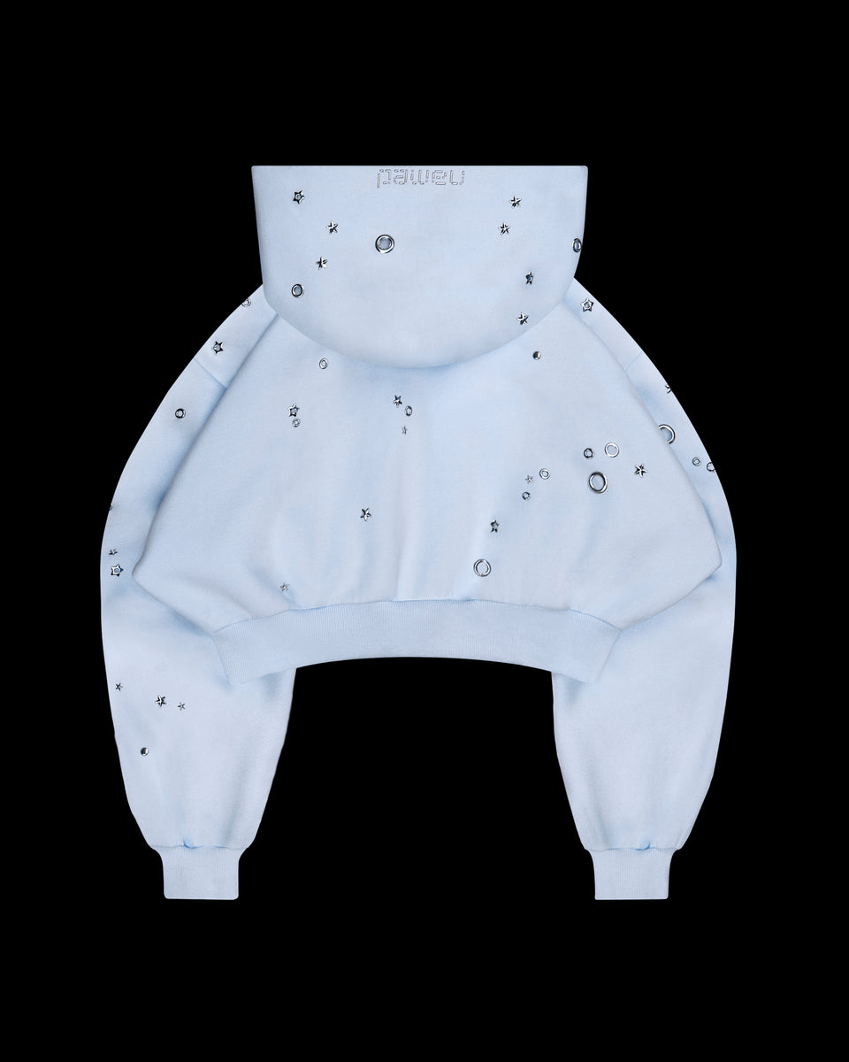 GLITCH EYELET CROP ZIP HOODIE BABY BLUE
