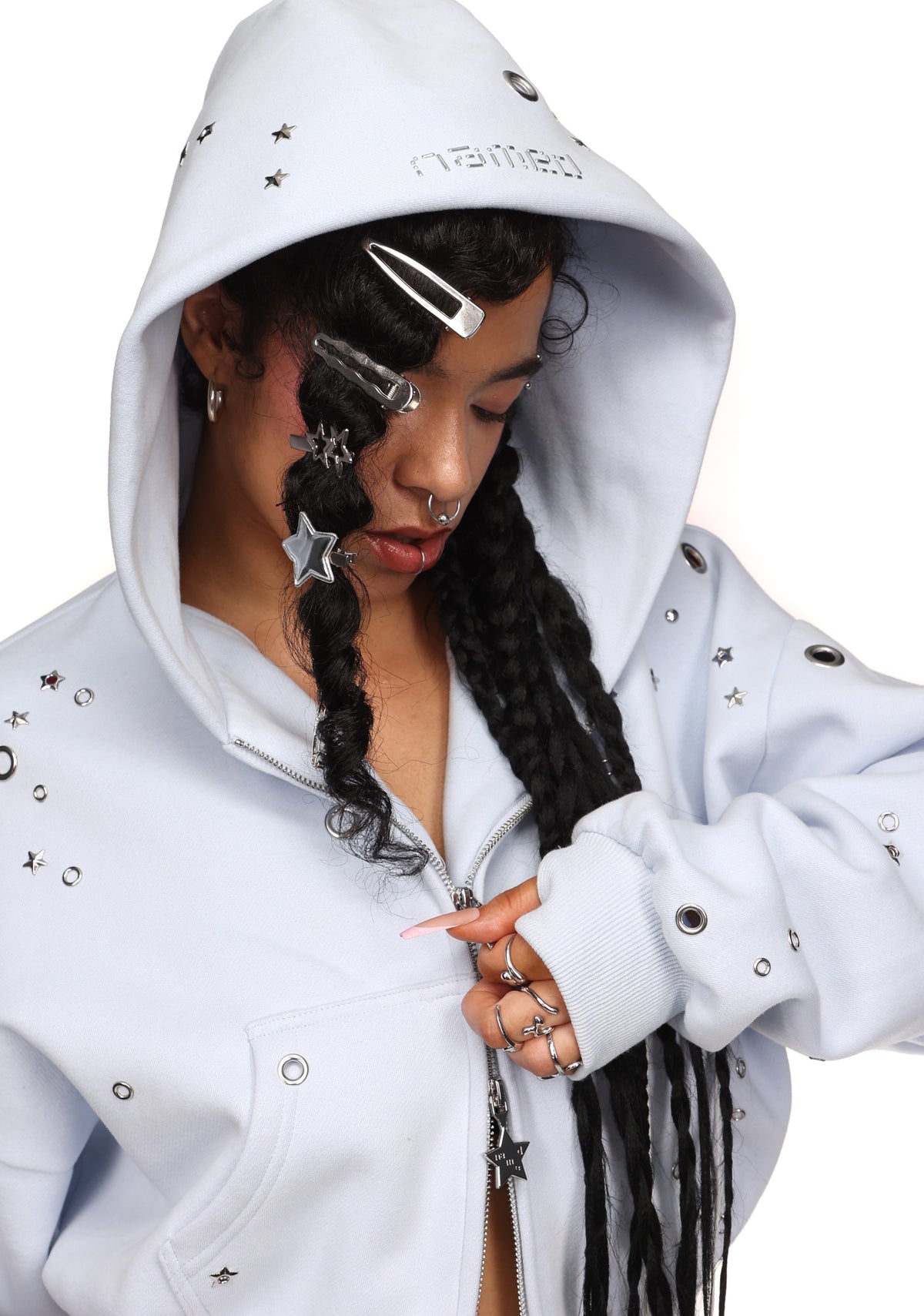 GLITCH EYELET CROP ZIP HOODIE BABY BLUE