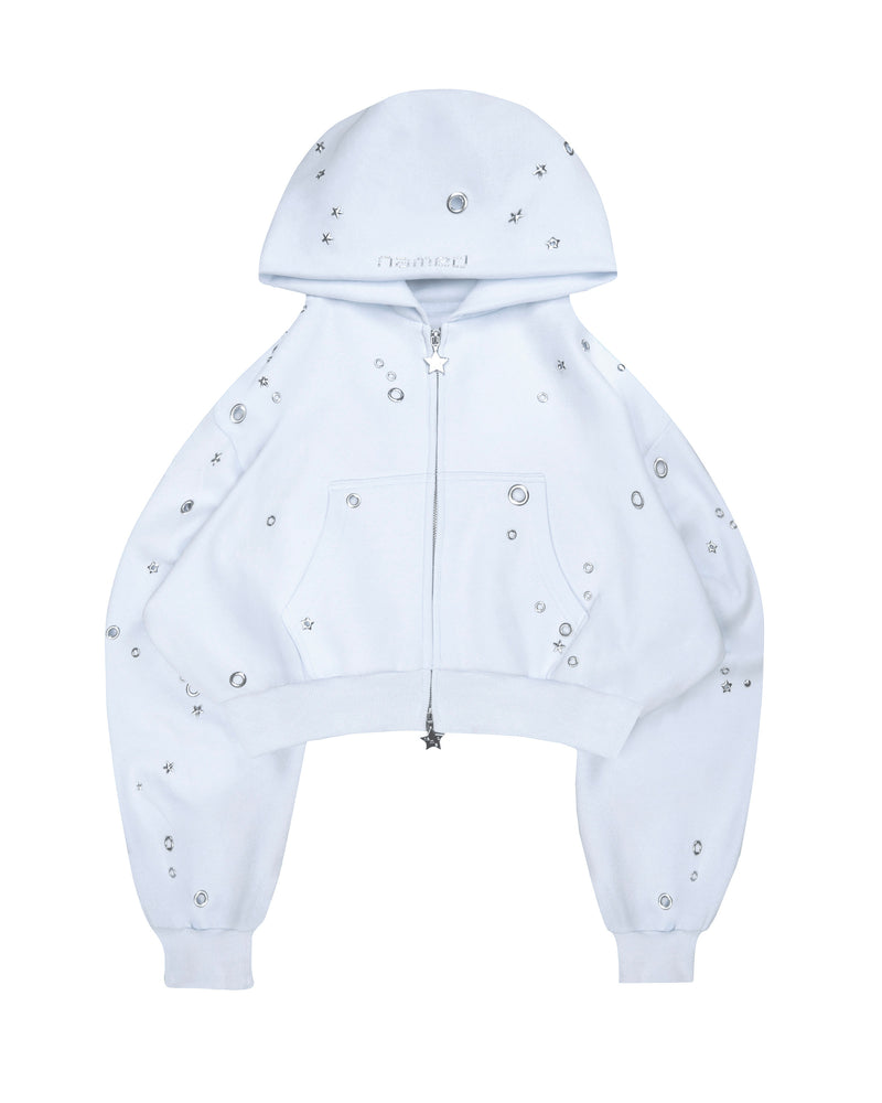 GLITCH EYELET CROP ZIP HOODIE BABY BLUE