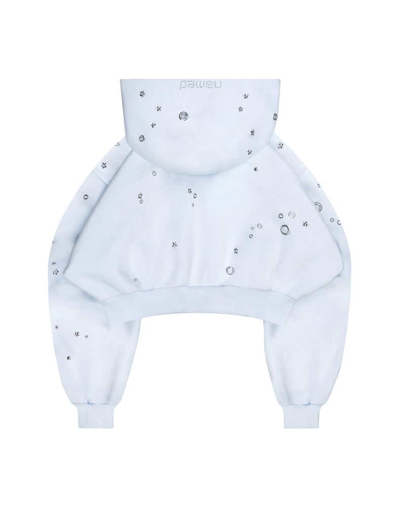 GLITCH EYELET CROP ZIP HOODIE BABY BLUE