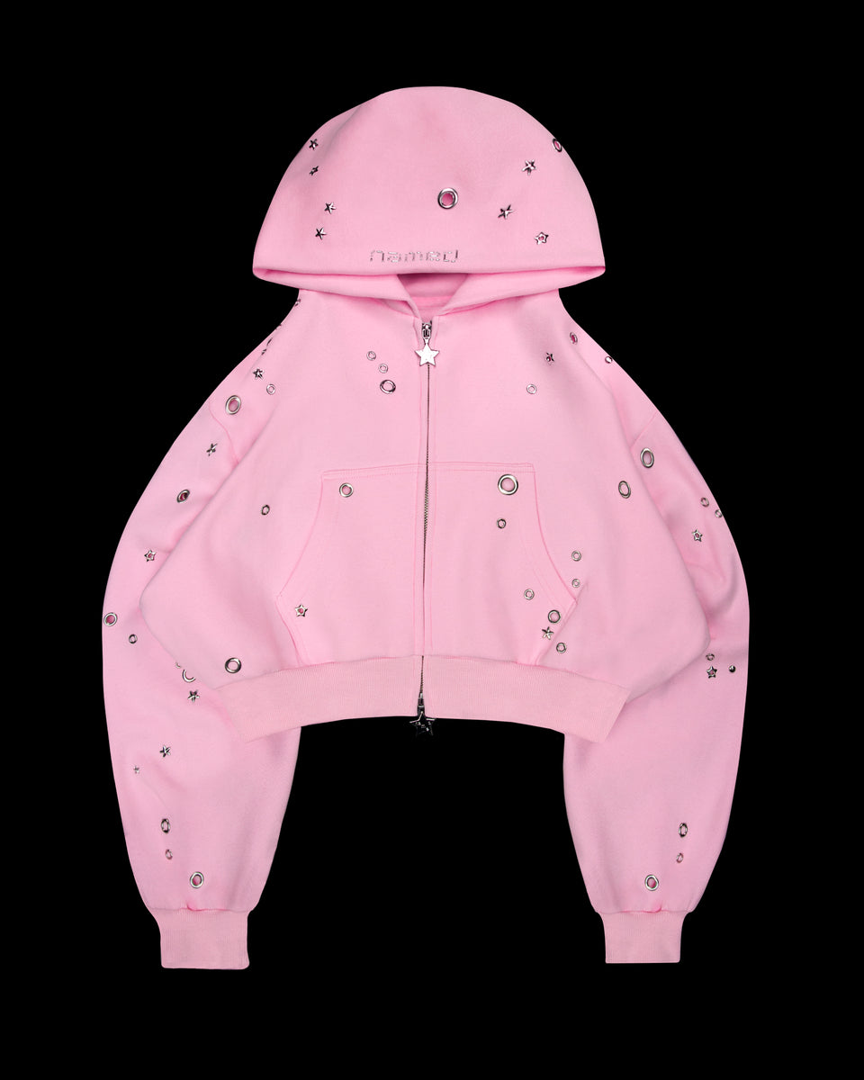GLITCH EYELET CROP ZIP HOODIE BABY PINK