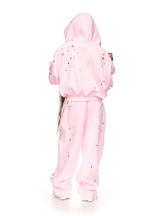 GLITCH EYELET CROP ZIP HOODIE BABY PINK