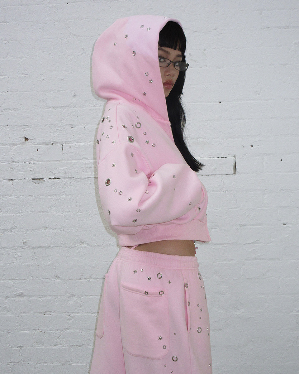 GLITCH EYELET CROP ZIP HOODIE BABY PINK