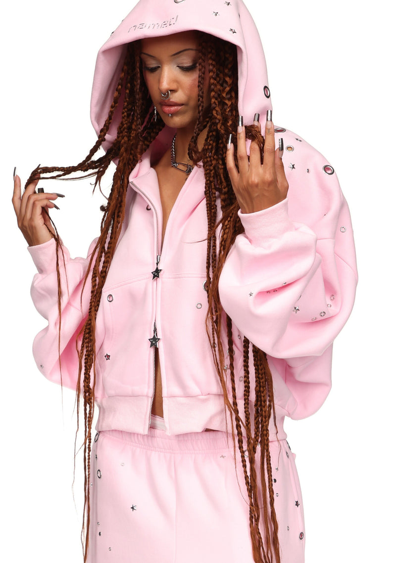 GLITCH EYELET CROP ZIP HOODIE BABY PINK