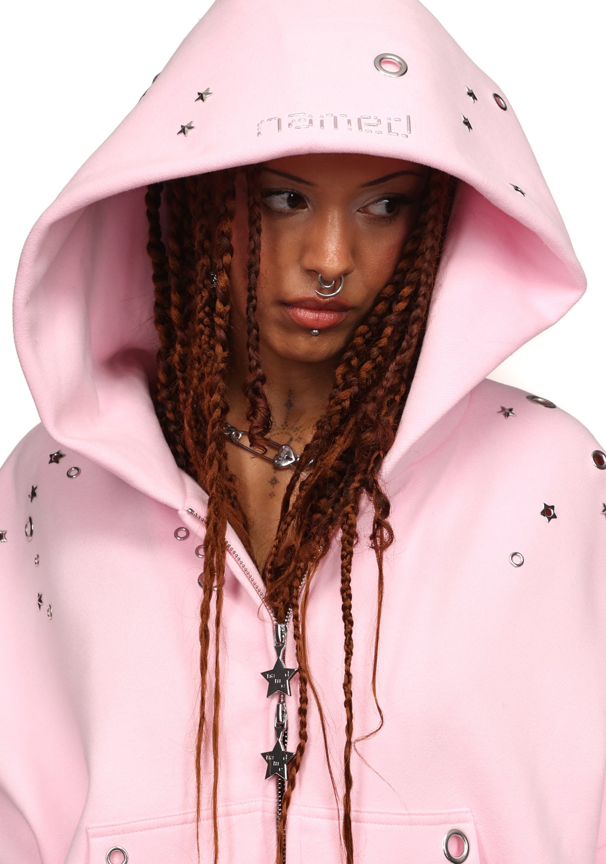 GLITCH EYELET CROP ZIP HOODIE BABY PINK
