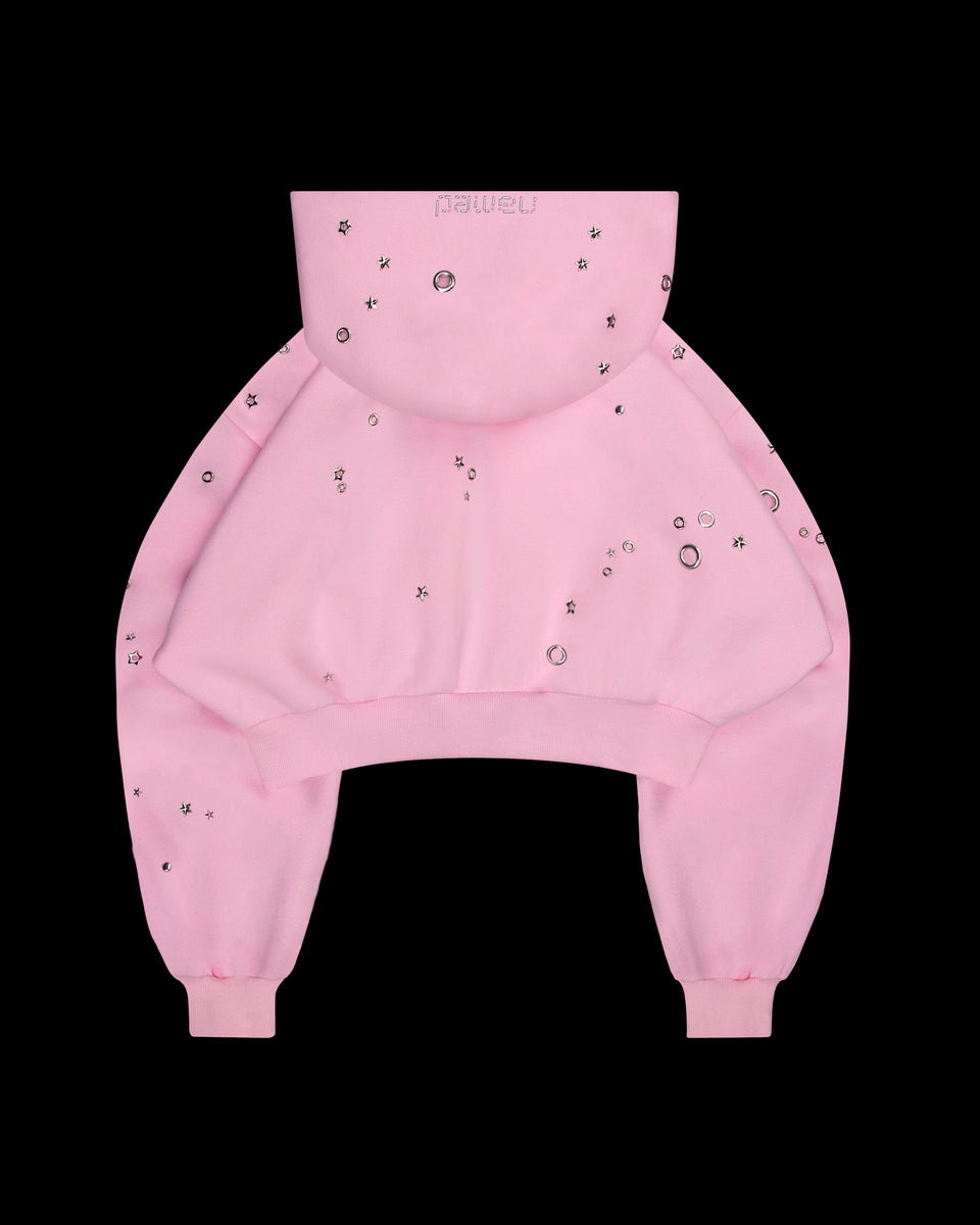 GLITCH EYELET CROP ZIP HOODIE BABY PINK