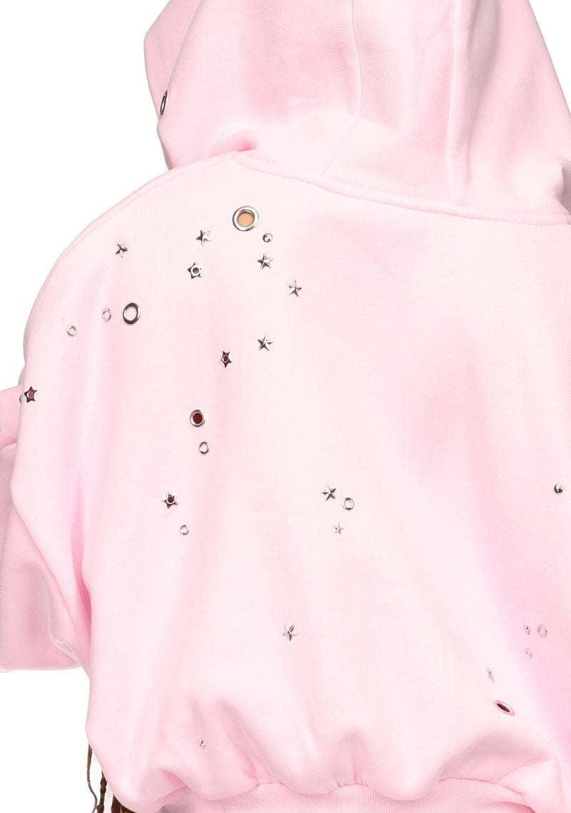 GLITCH EYELET CROP ZIP HOODIE BABY PINK