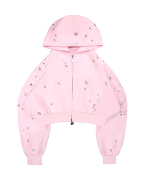 GLITCH EYELET CROP ZIP HOODIE BABY PINK