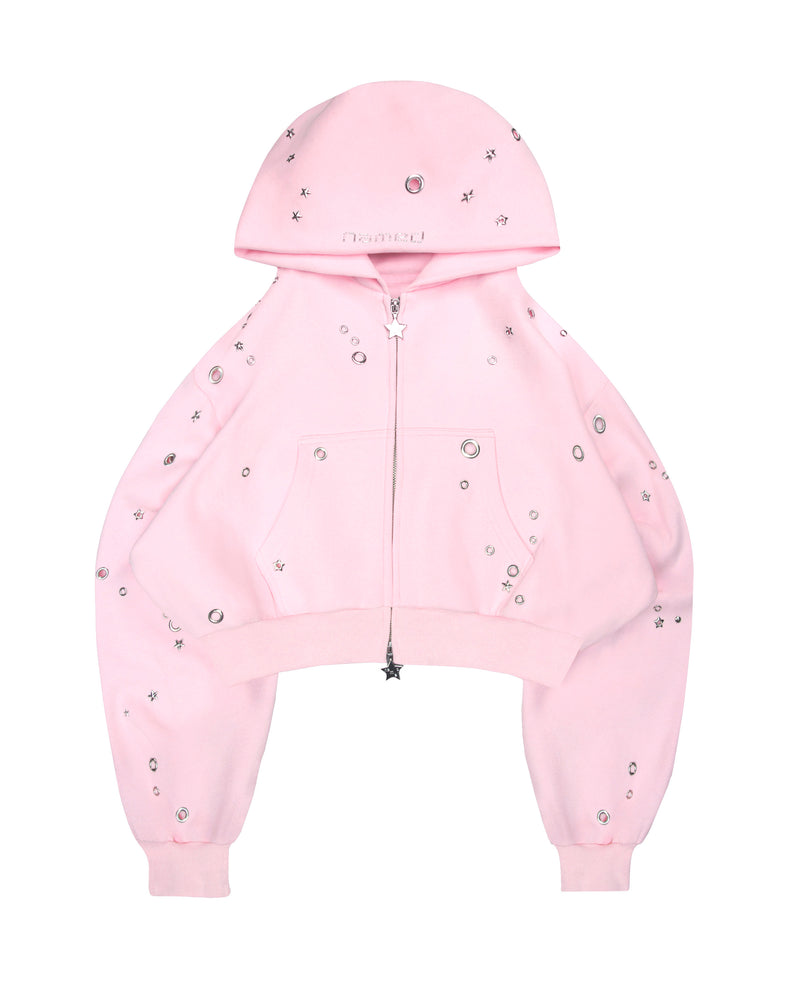 GLITCH EYELET CROP ZIP HOODIE BABY PINK