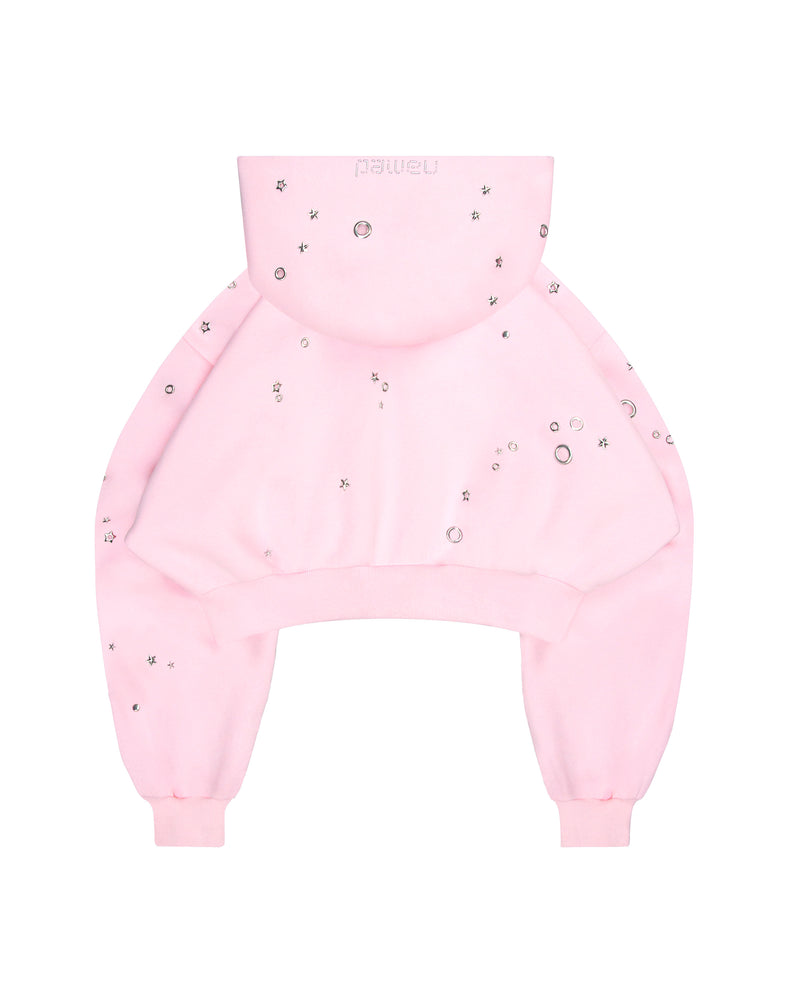 GLITCH EYELET CROP ZIP HOODIE BABY PINK