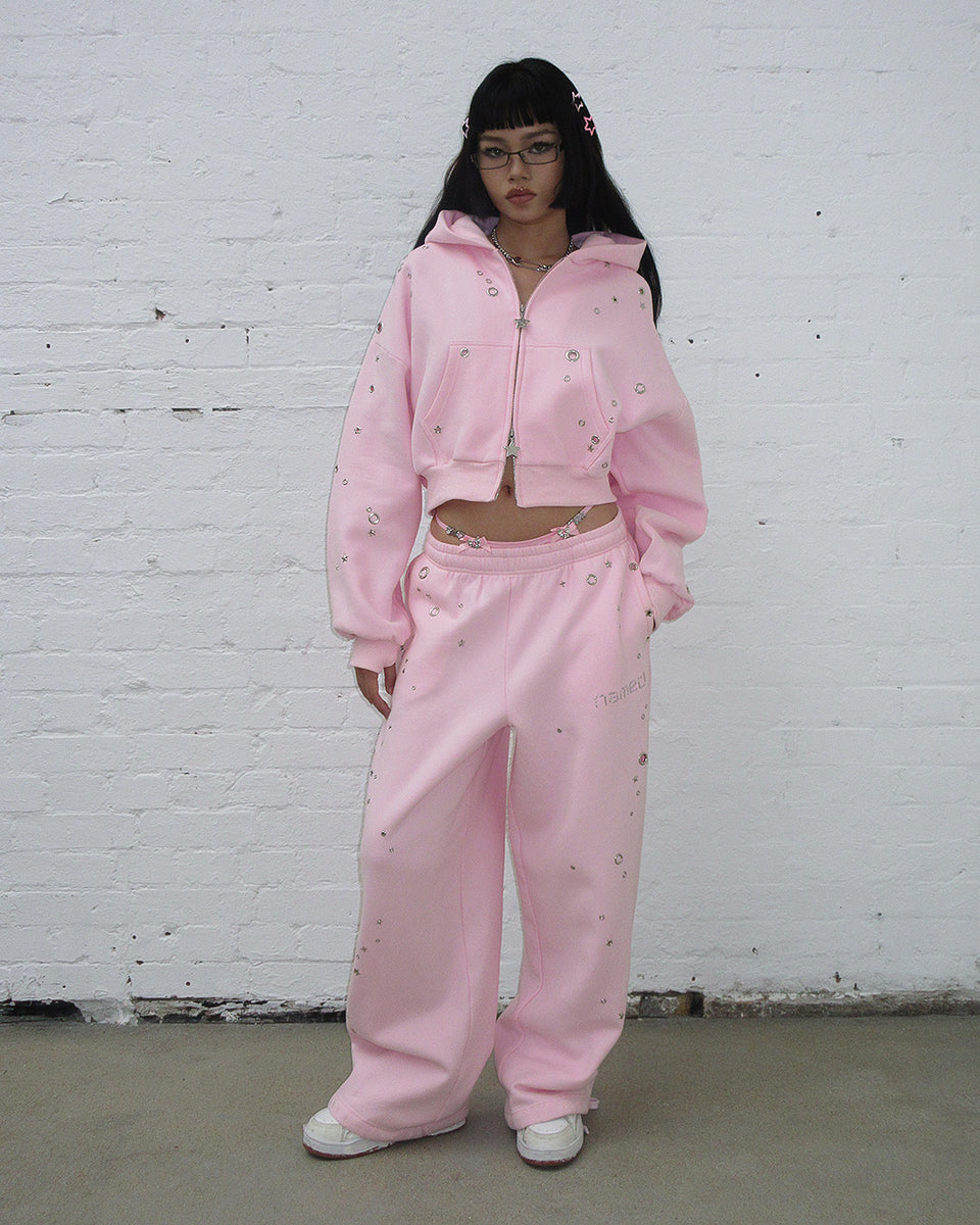 GLITCH EYELET OVERSIZED SWEATPANTS BABY PINK
