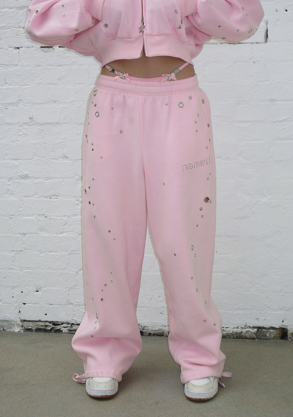 GLITCH EYELET OVERSIZED SWEATPANTS BABY PINK