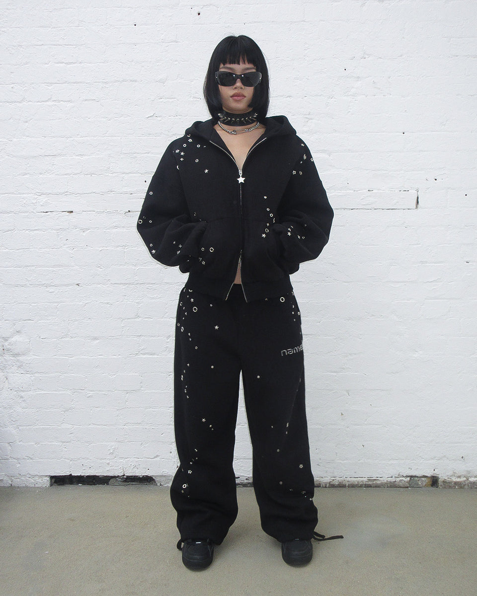 GLITCH EYELET OVERSIZED SWEATPANTS BLACK
