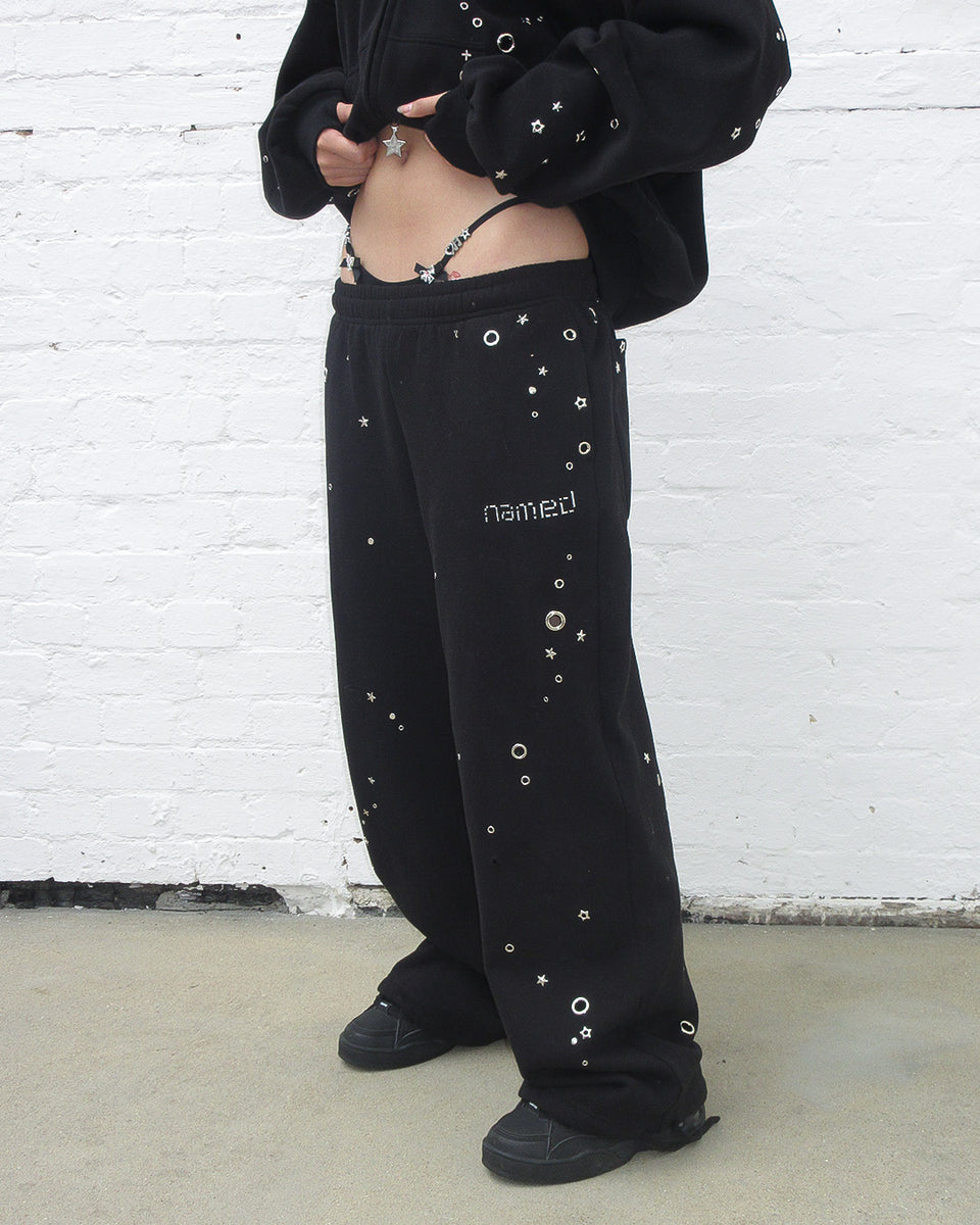 GLITCH EYELET OVERSIZED SWEATPANTS BLACK