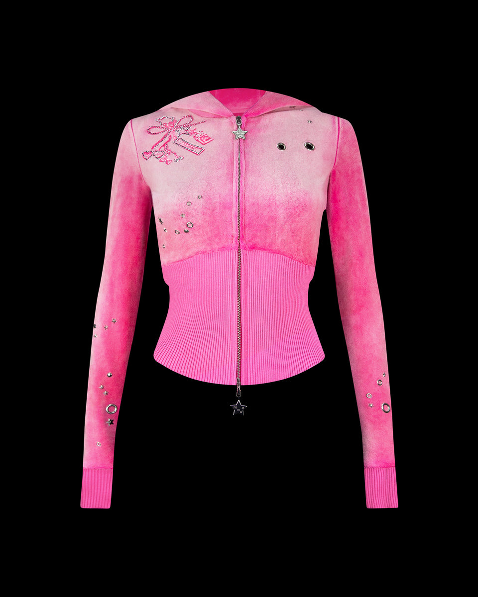 GLITCH EYELET VELOUR ZIP HOODIE WASHED HOT PINK