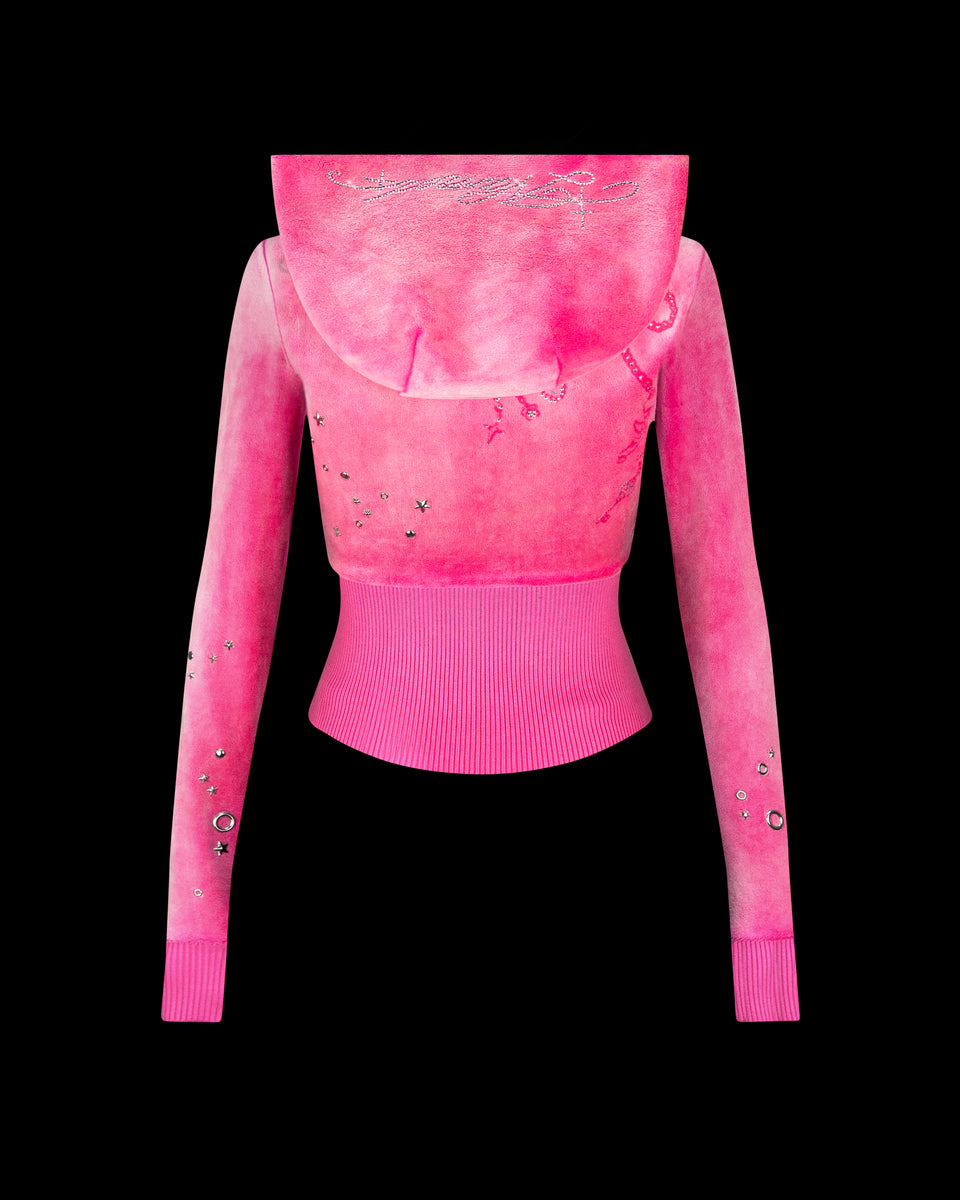 GLITCH EYELET VELOUR ZIP HOODIE WASHED HOT PINK