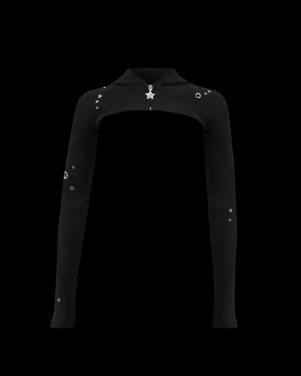 GLITCH EYELET ZIP HOODED SHRUG