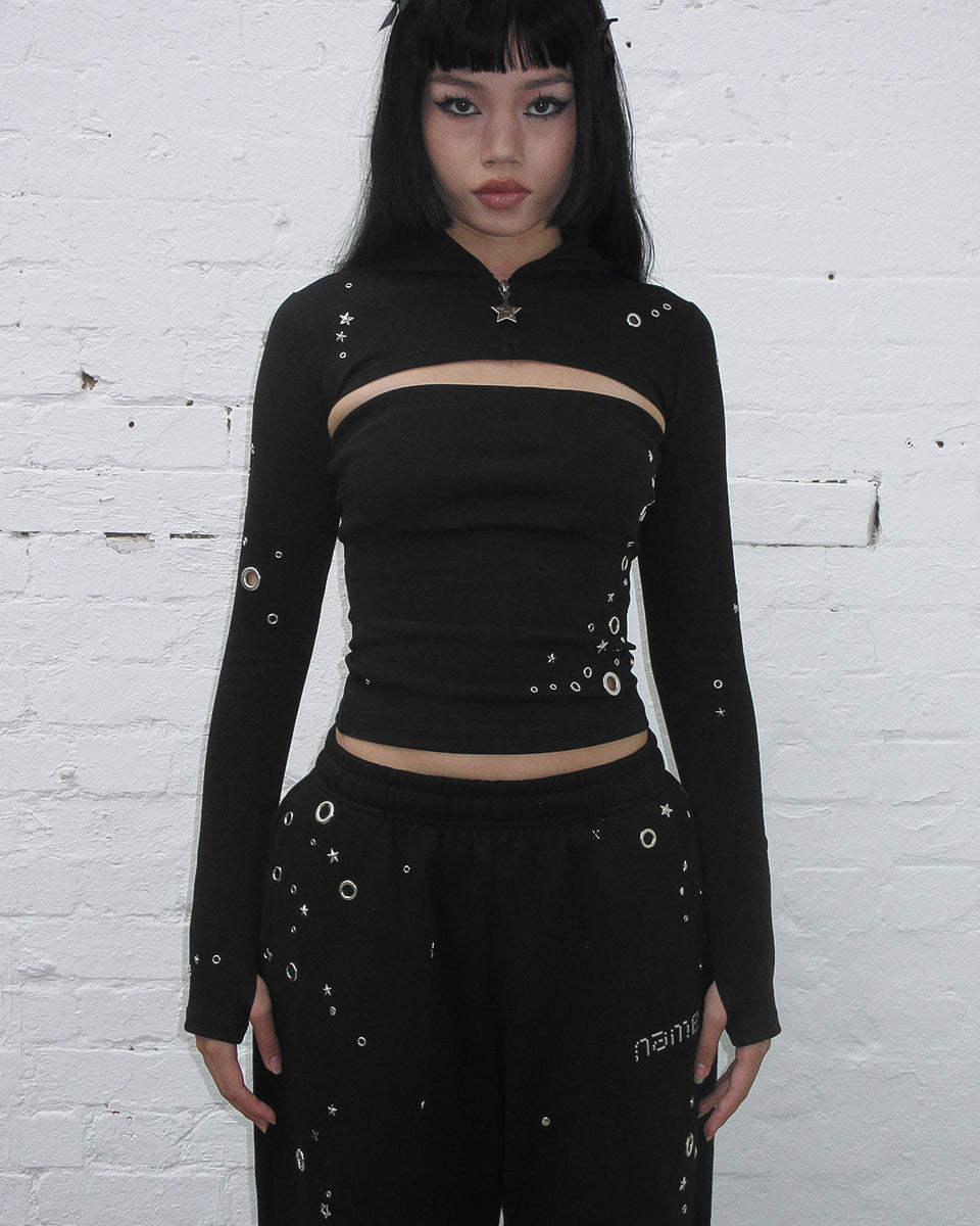 GLITCH EYELET ZIP HOODED SHRUG