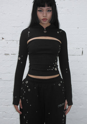 GLITCH EYELET ZIP HOODED SHRUG