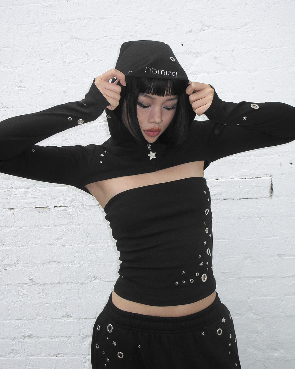 GLITCH EYELET ZIP HOODED SHRUG