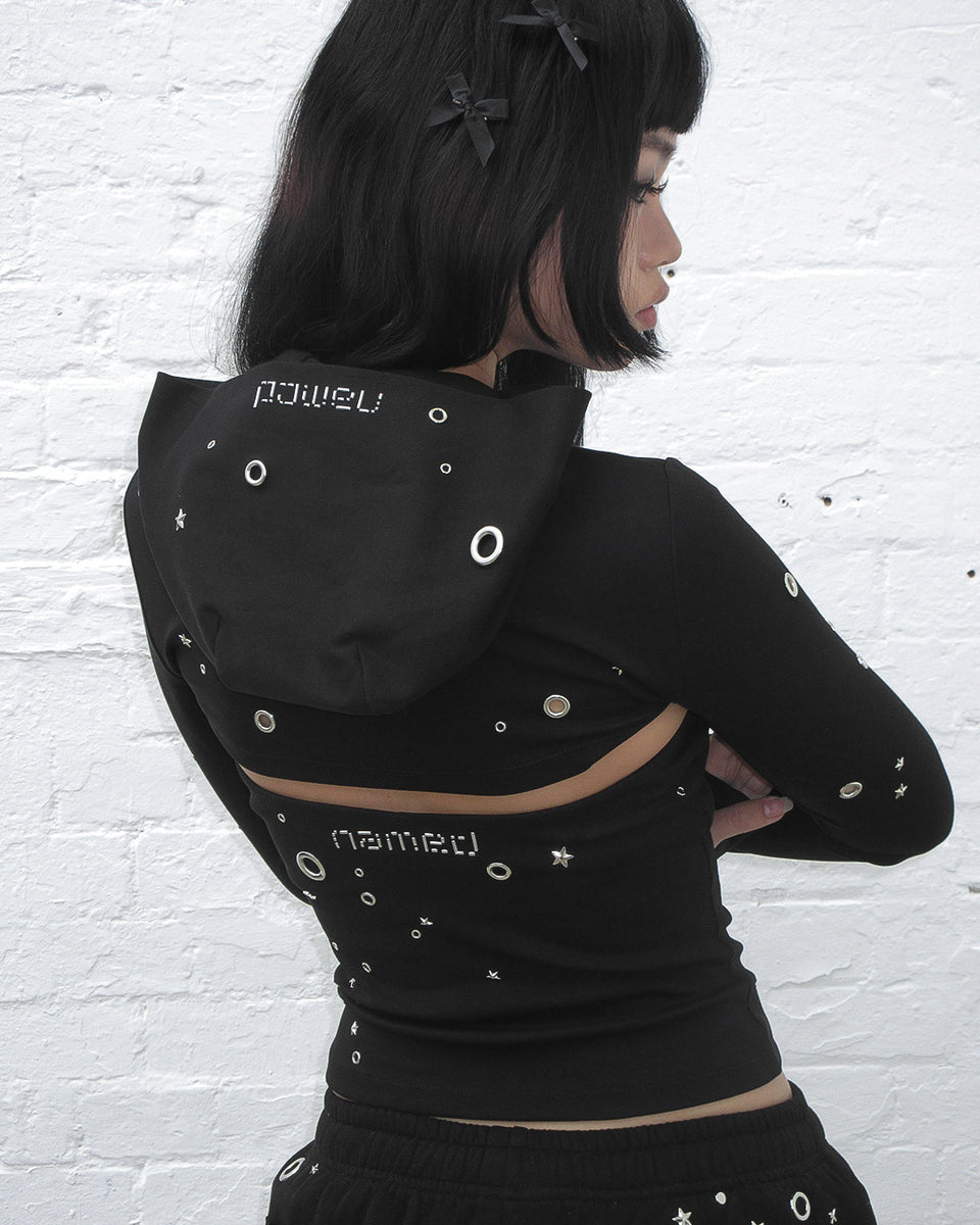 GLITCH EYELET ZIP HOODED SHRUG
