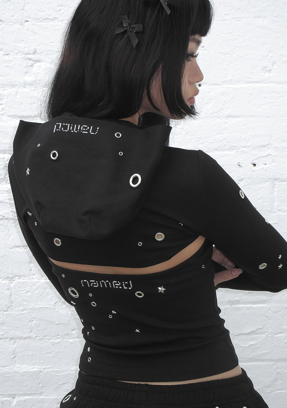 GLITCH EYELET ZIP HOODED SHRUG