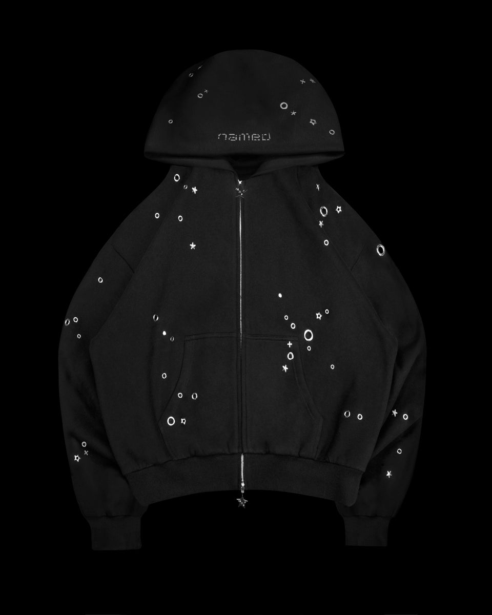 GLITCH EYELET ZIP HOODIE BLACK
