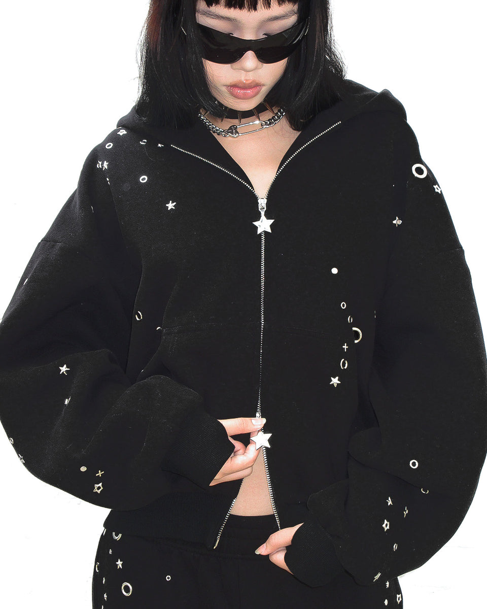 GLITCH EYELET ZIP HOODIE BLACK
