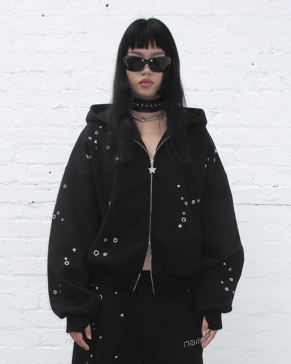 GLITCH EYELET ZIP HOODIE BLACK