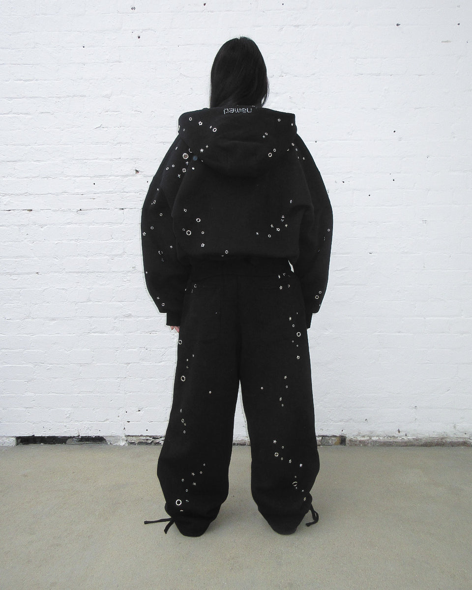 GLITCH EYELET ZIP HOODIE BLACK