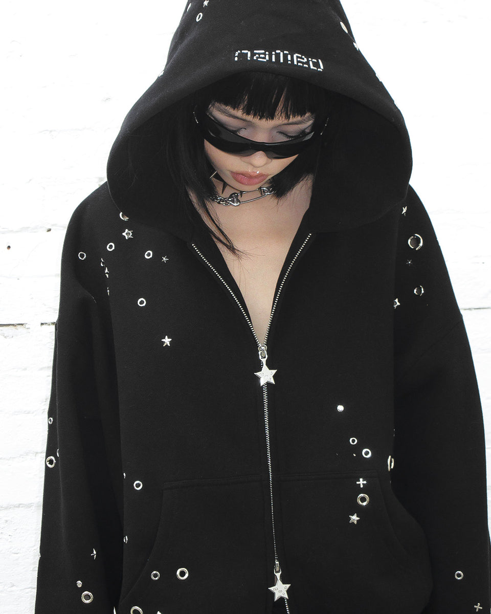 GLITCH EYELET ZIP HOODIE BLACK