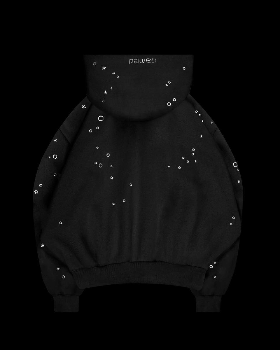 GLITCH EYELET ZIP HOODIE BLACK