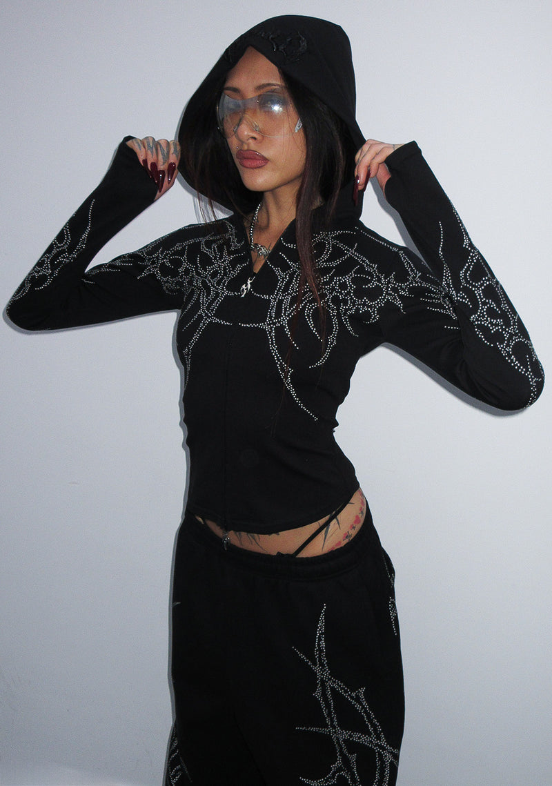 HAUNT STUDDED SCULPT STRETCH ZIP HOODIE BLACK