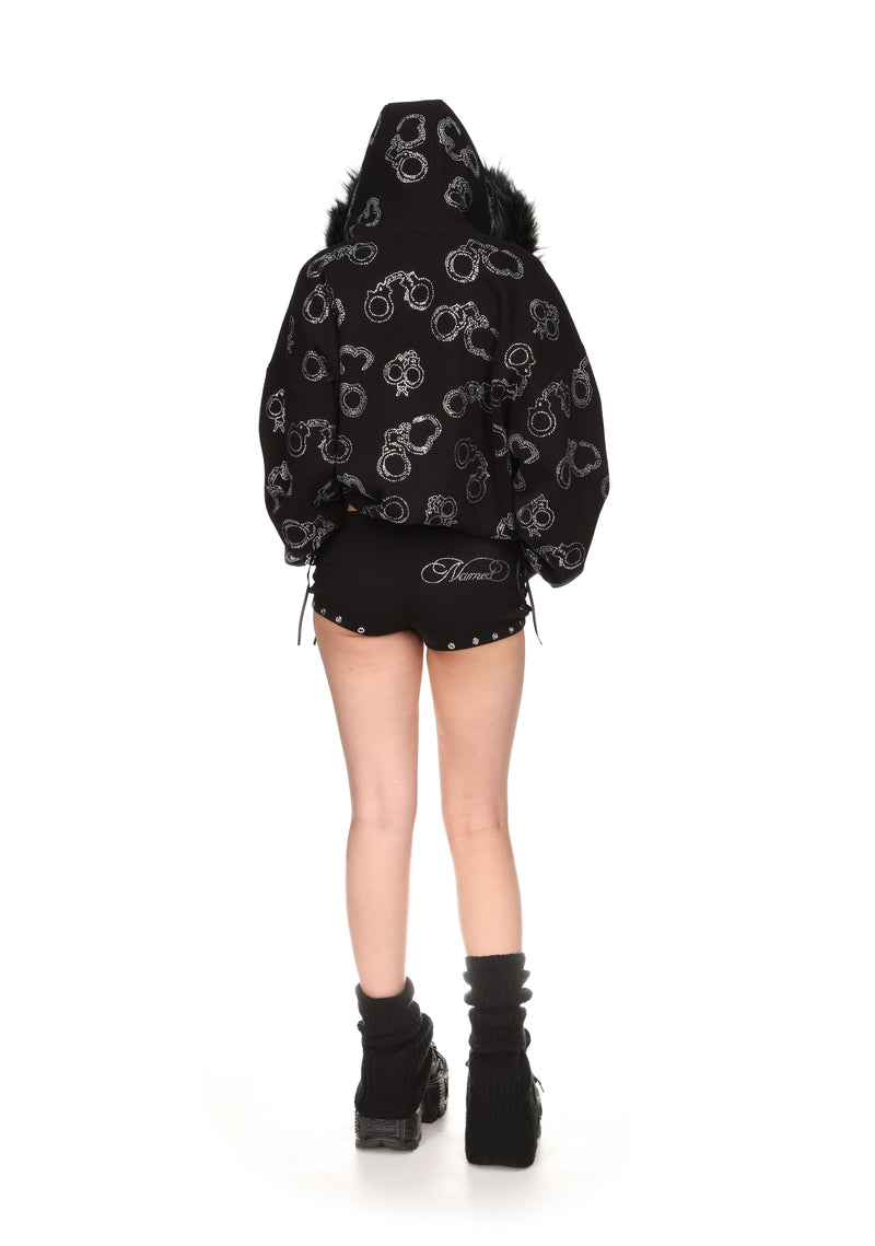 HEIST FAUX FUR RHINESTONE CUFF ZIP HOODIE BLACK (DETACHABLE FUR)