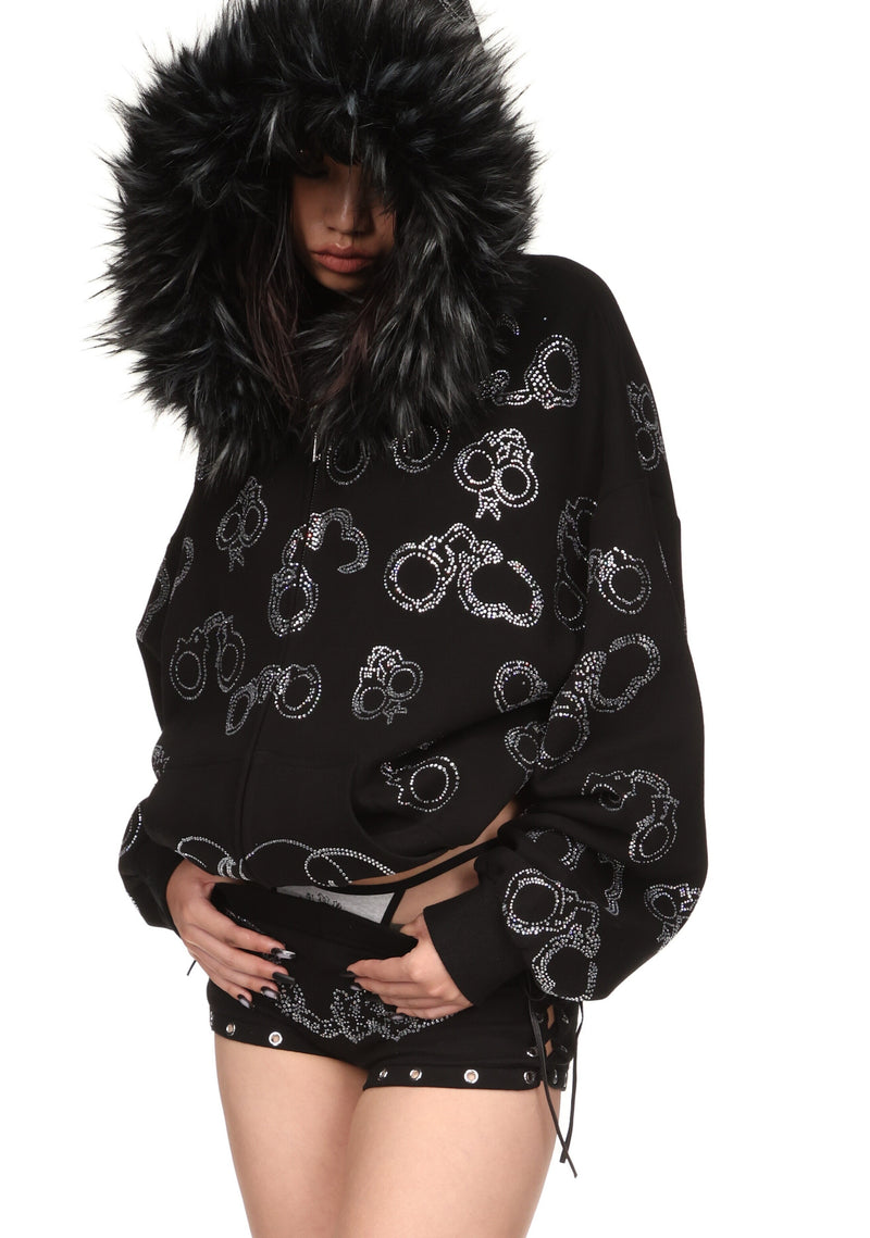 HEIST FAUX FUR RHINESTONE CUFF ZIP HOODIE BLACK (DETACHABLE FUR)