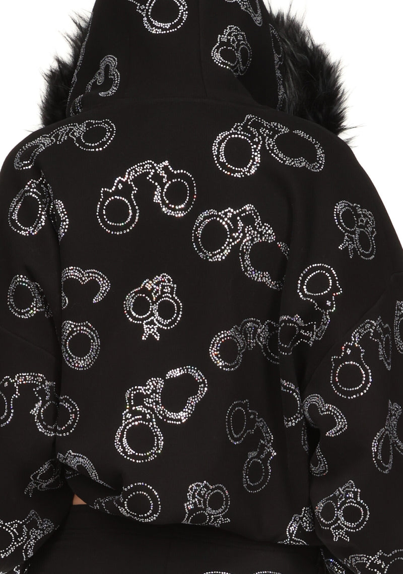 HEIST FAUX FUR RHINESTONE CUFF ZIP HOODIE BLACK (DETACHABLE FUR)