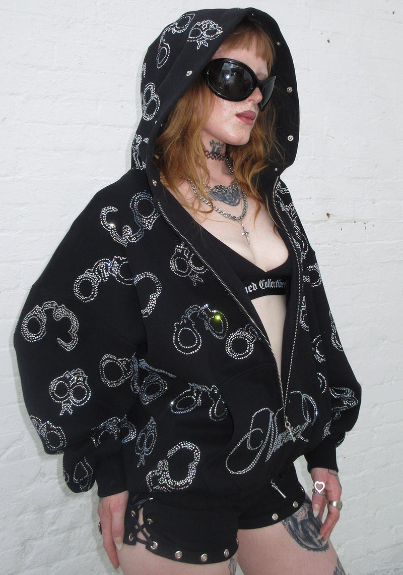 HEIST FAUX FUR RHINESTONE CUFF ZIP HOODIE BLACK (DETACHABLE FUR)